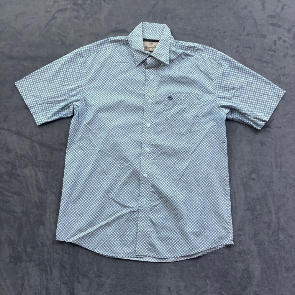 Wrangler Mens Short Sleeve Button Down Geometric Pattern Shirt Navy White Medium